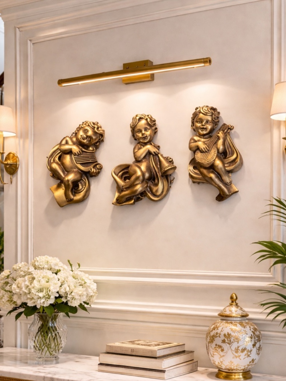 Vintage Chalkware Golden Cherubs Playing Instruments Wall Hangings
